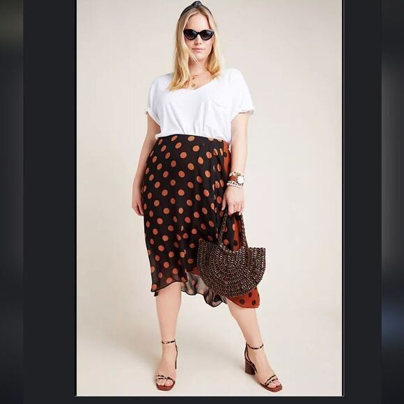 Maeve Oksana Anthropologie Polka Dot Midi Skirt - Black and Rust - Picture 2 of 16